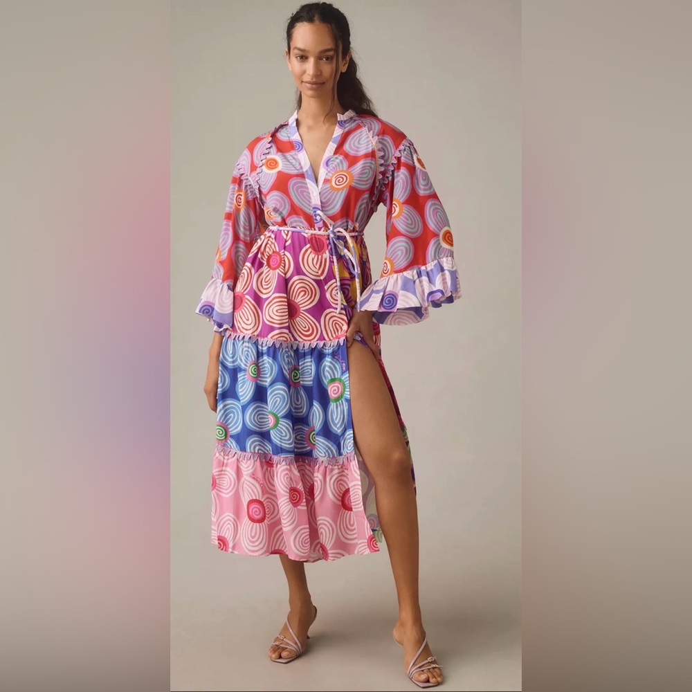 Celia B Maryann V-Neck Mixed Print Midi Dress Button Bright Whimsy Size L - Picture 6 of 16